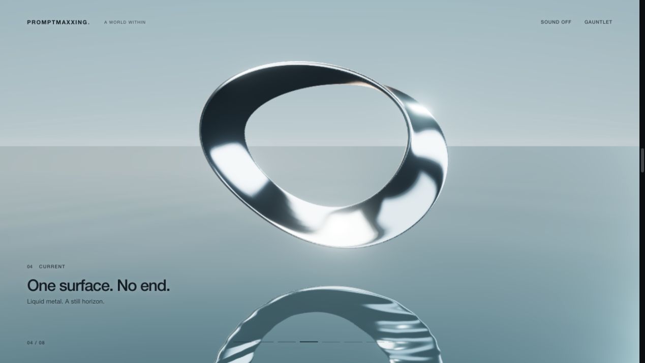 Orbit: a continuous metallic ribbon over a pale liquid horizon.